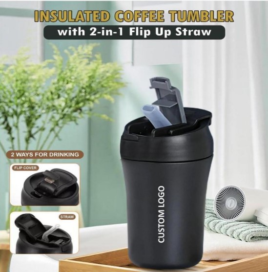 Insulated coffee tumbler 2-in-1 with flip up straw